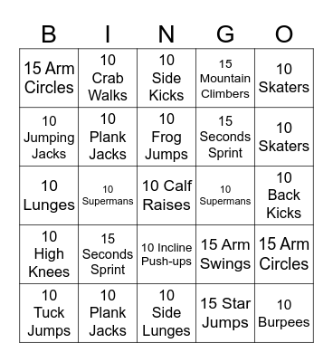 Kosher Fitness Bingo Card