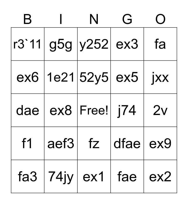 testing Bingo Card