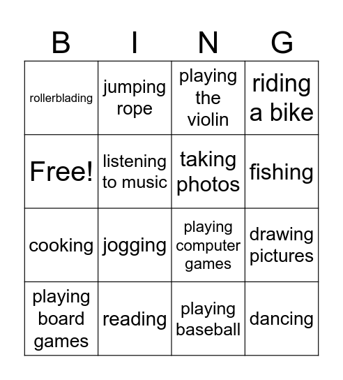 🛼🤳HOBBIES!🎻🎣 Bingo Card