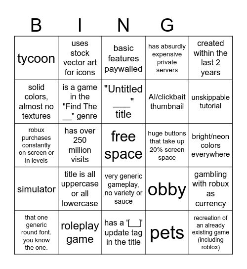 Roblox Slop Bingo Card