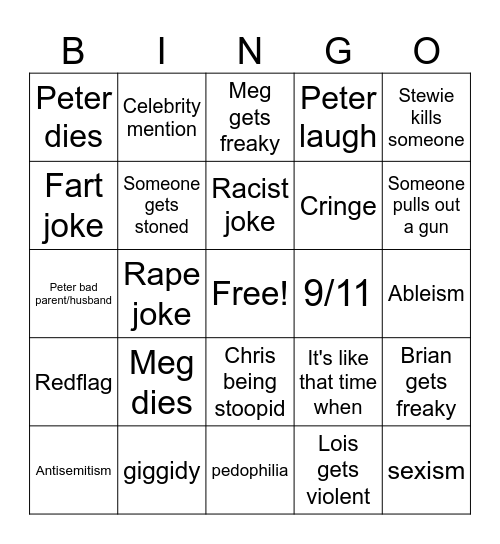 Family guy bingo Card