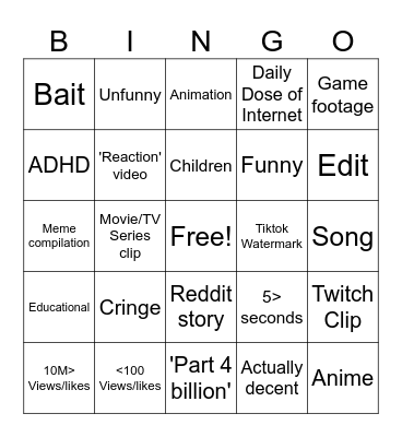 Youtube Shorts Bingo Card