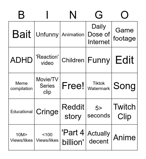 Youtube Shorts Bingo Card