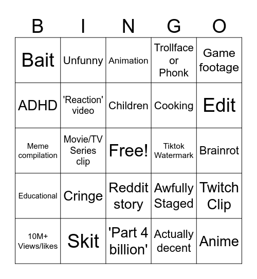 Youtube Shorts Bingo Card