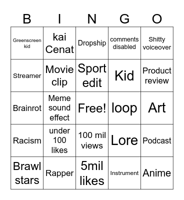 Yt shorts bingo Card