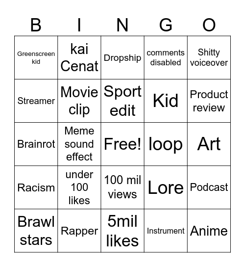 Yt shorts bingo Card