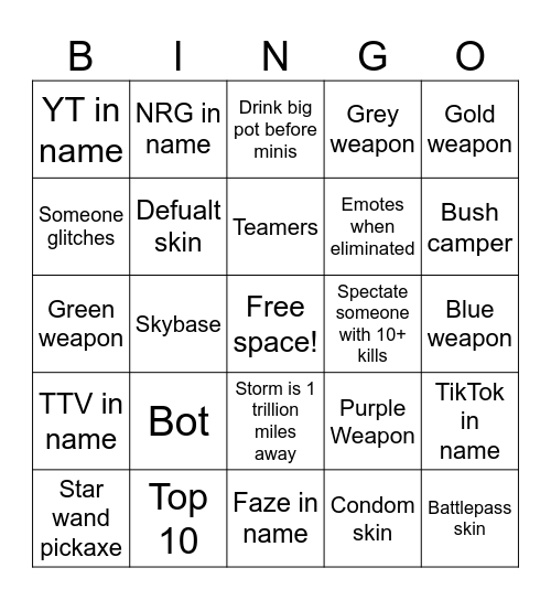 Fortnite BINGO Card