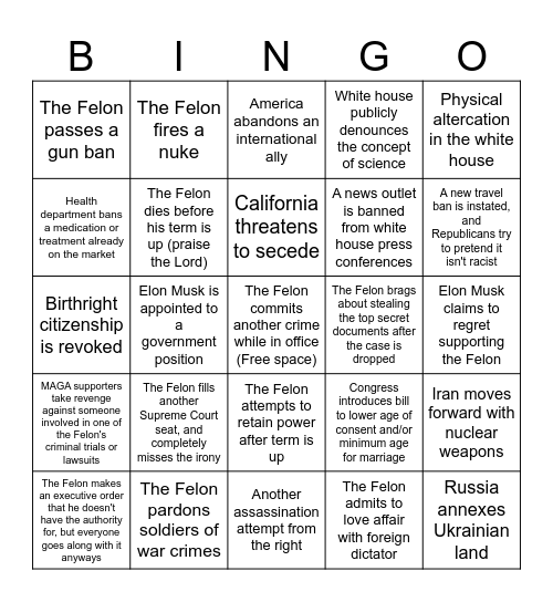 Presidential Felon Bingo Card