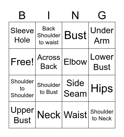 PARTS OF THE BODY NEEDED TO MEASURE Bingo Card