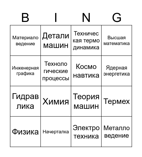 Любимые технические/точные дисциплины Bingo Card
