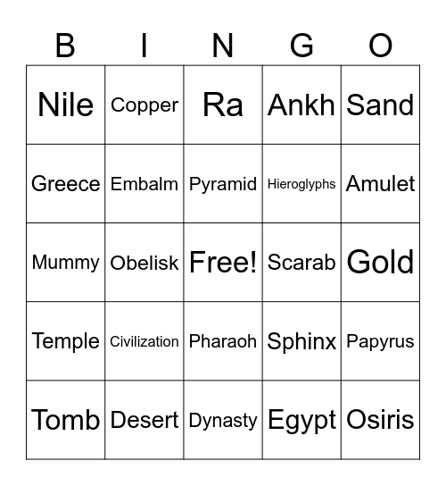 Egyptian Cinderella Bingo Card