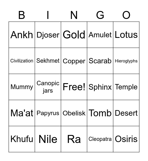 Egyptian Cinderella Bingo Card