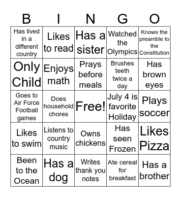 Cycle 2, Human Bingo Card