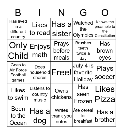 Cycle 2, Human Bingo Card