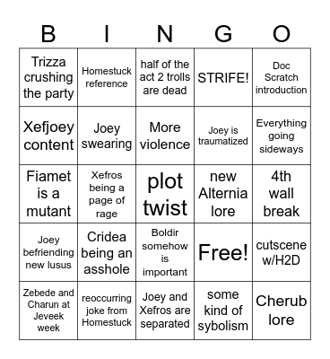 Hiveswap act 3 Bingo Card