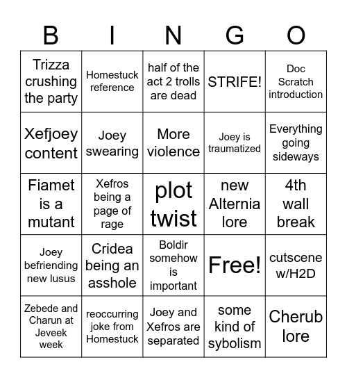 Hiveswap act 3 Bingo Card