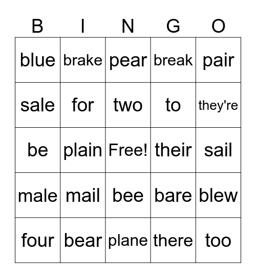 Homonym Bingo Card