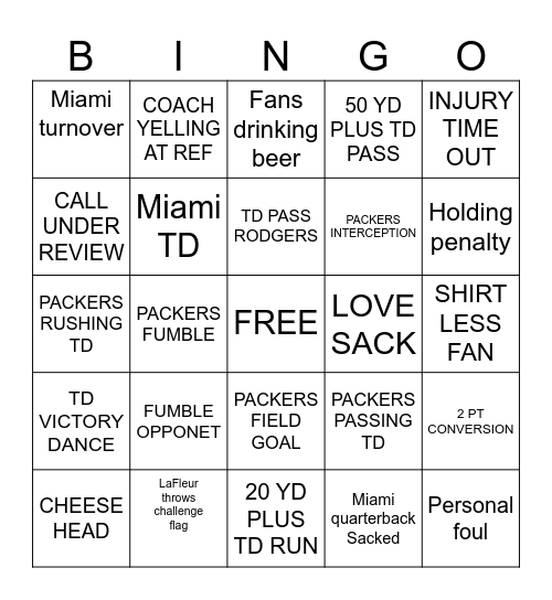 Green Bay Packers vs. Miami Dolphins Bingo Card