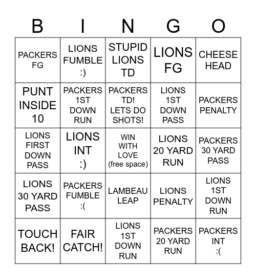 Thanksgiving Packer BINGO! Bingo Card