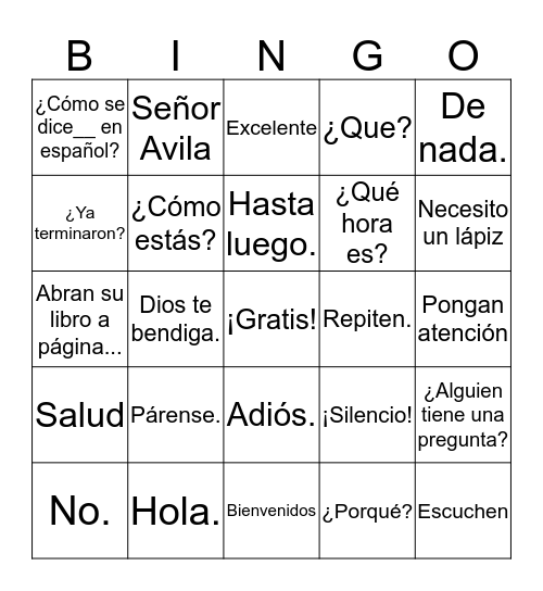 Classroom Expressions Bingo Card