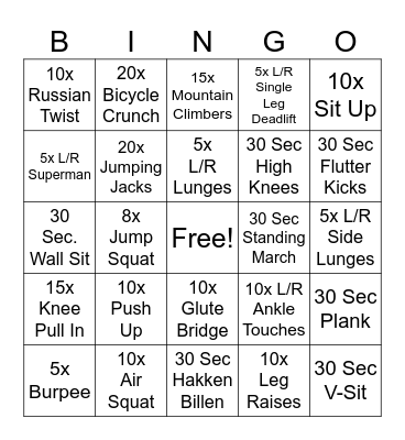 Fitness bingo Card