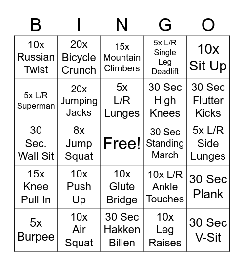 Fitness bingo Card