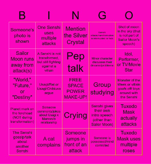 '90s Sailor Moon Episode Bingo Card