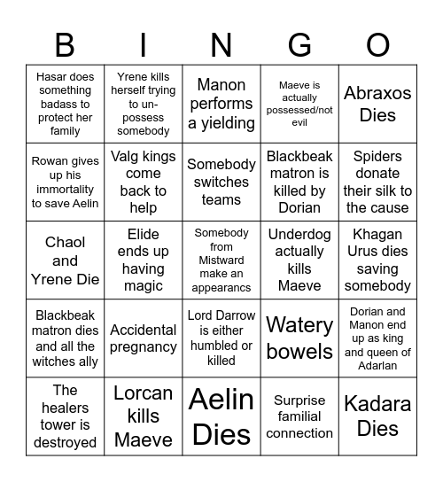 Kingdom of Ash Bingo Card