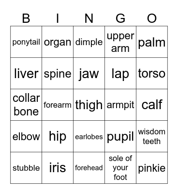 Advanced Body Parts Bingo Card