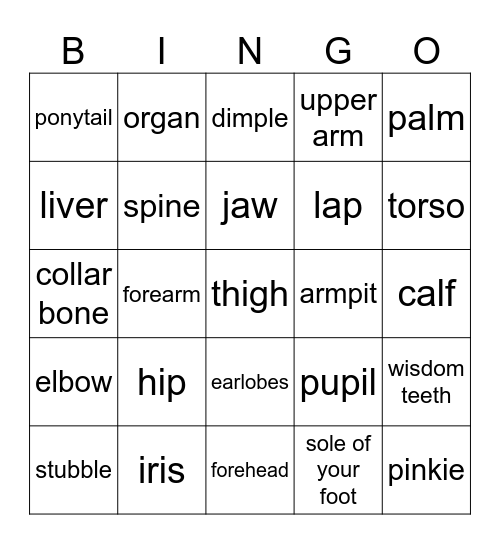 Advanced Body Parts Bingo Card