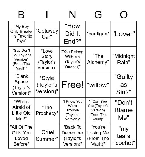 Taylor Swift Music Bingo Round #1 Bingo Card