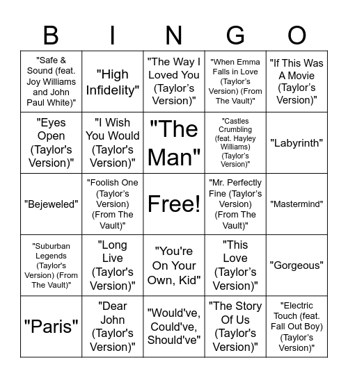 Taylor Swift Music Bingo Round #2 Bingo Card