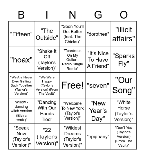 Taylor Swift Music Bingo Round #4 Bingo Card