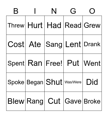 Irregular Verbs Bingo Card