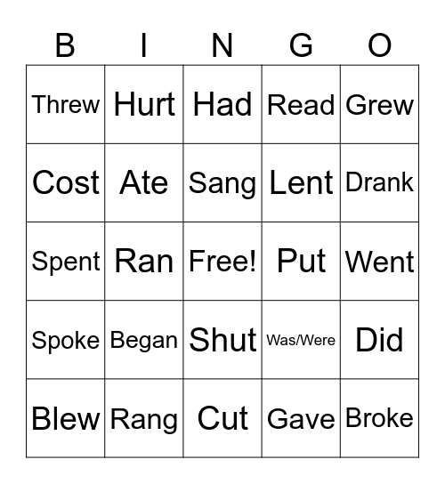 Irregular Verbs Bingo Card