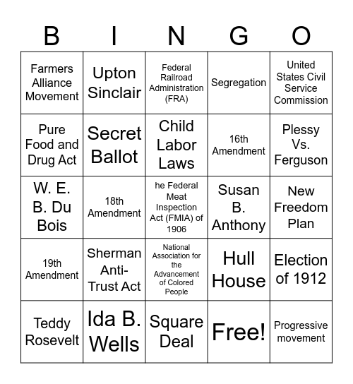 Progressive Era Bingo Card