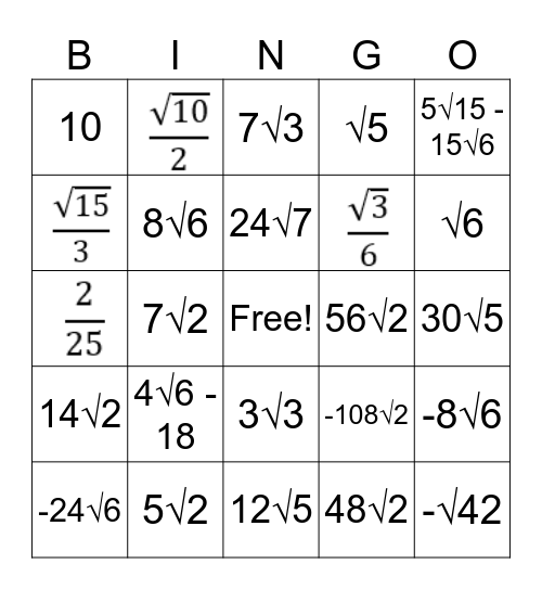 Radicals BINGO Card