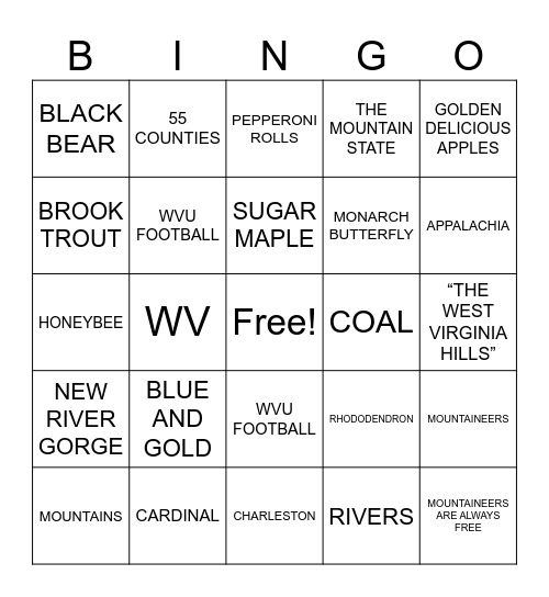 WEST VIRGINIA BINGO Card