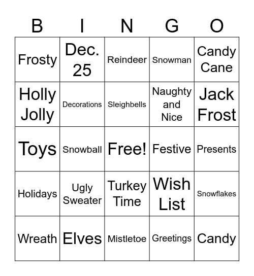 Holiday Bing Bingo Card