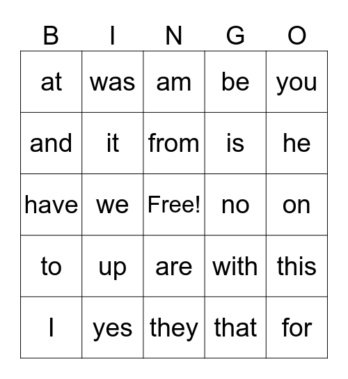 Sight Words KG Bingo Card