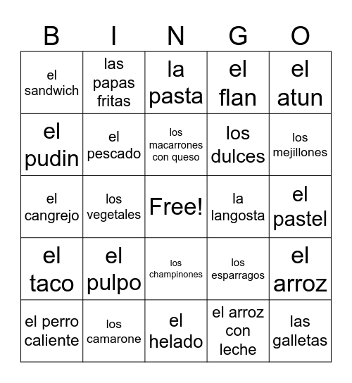 el almuerzo y la cena Bingo Card