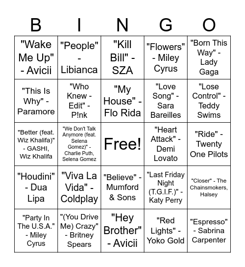 Pop Music Bingo Round #2 Bingo Card