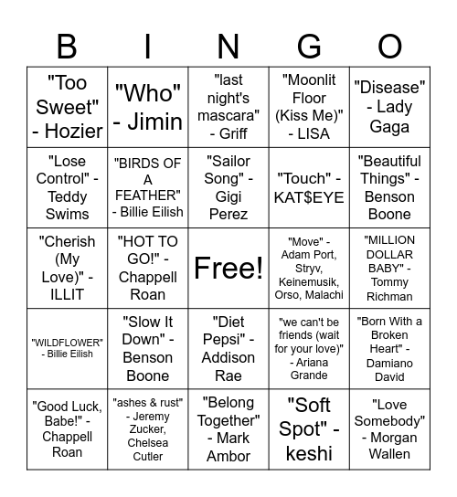 Pop Music Bingo Round #3 Bingo Card