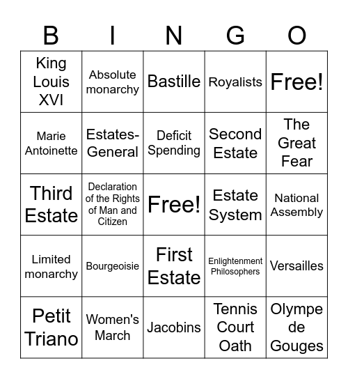 French Revolution Review Bingo Card