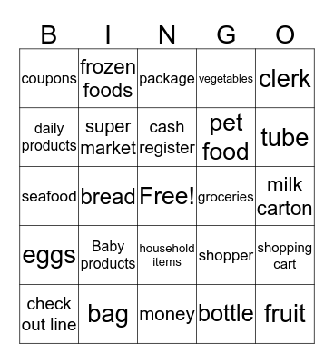 SUPERMARKET VOCABULARY Bingo Card