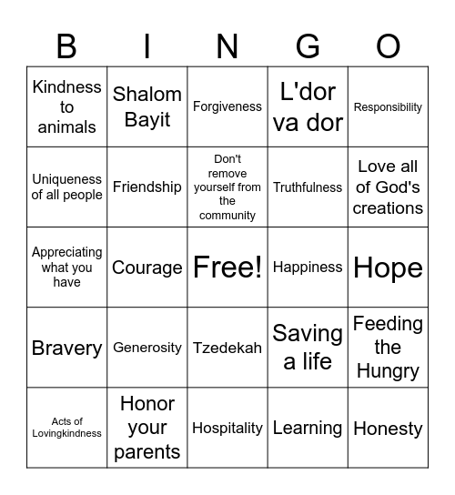 Jewish Values Bingo Card