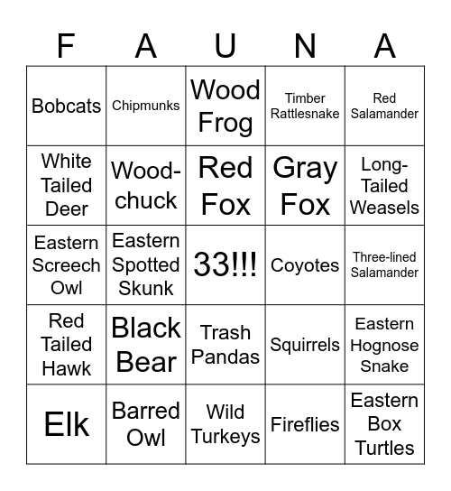 Local Fauna of the Great Smoky Mountains Bingo Card