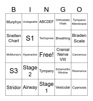 Health Assessment Bingo Card