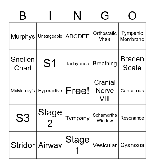 Health Assessment Bingo Card