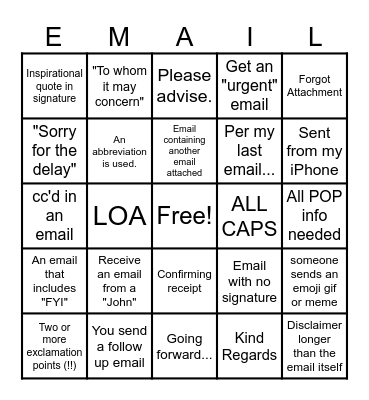 EMAIL BINGO Card